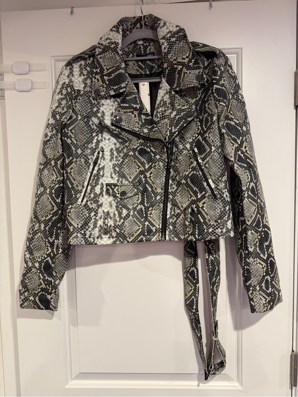 Aqua Faux Leather Moto Jacket Black Grey Snakeskin Print Belted Women's M NWT